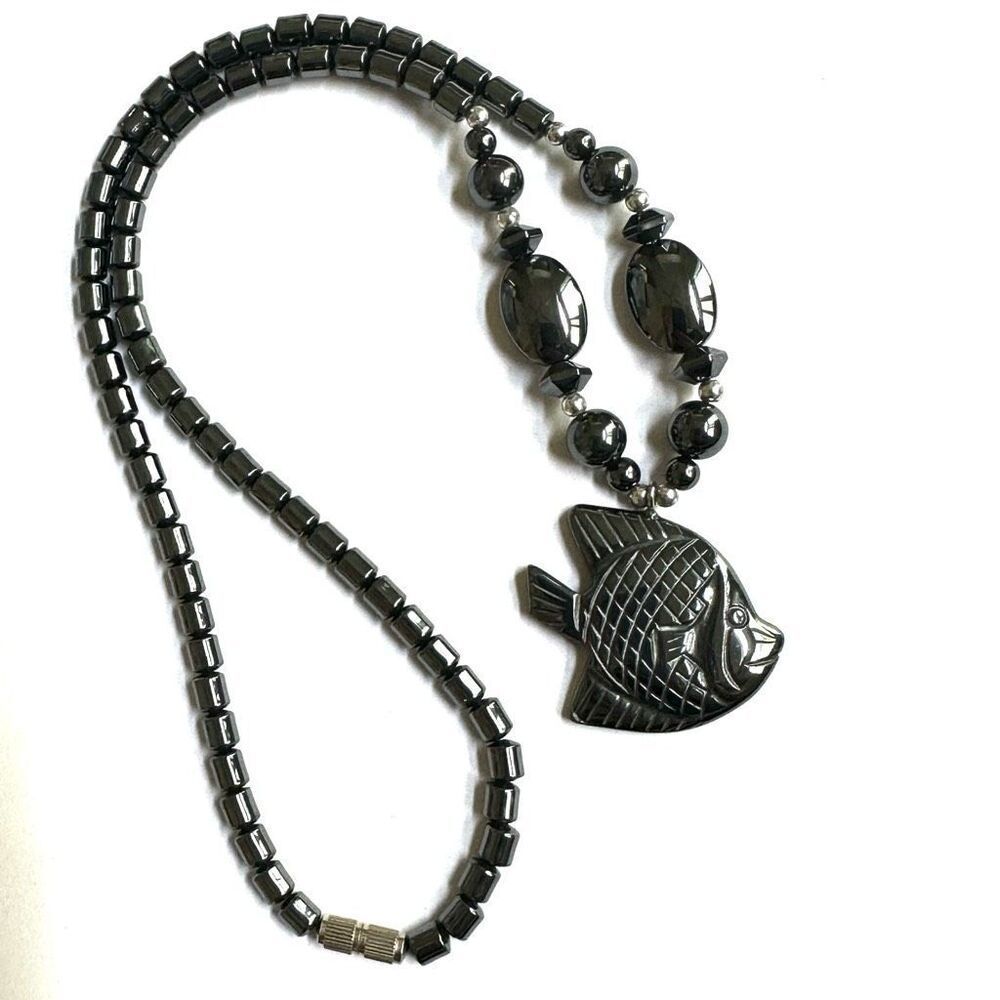 Hematite Carved Fish Pendant Beaded Necklace - Picture 8 of 8